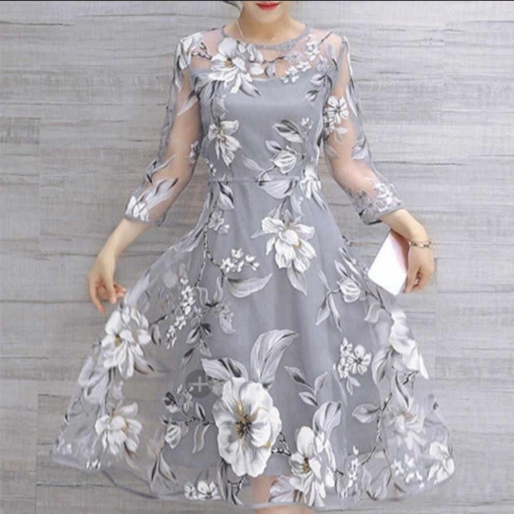 🔺️Floryday Silvery Gray Floral Print Sheer Overlay Dress XSmall